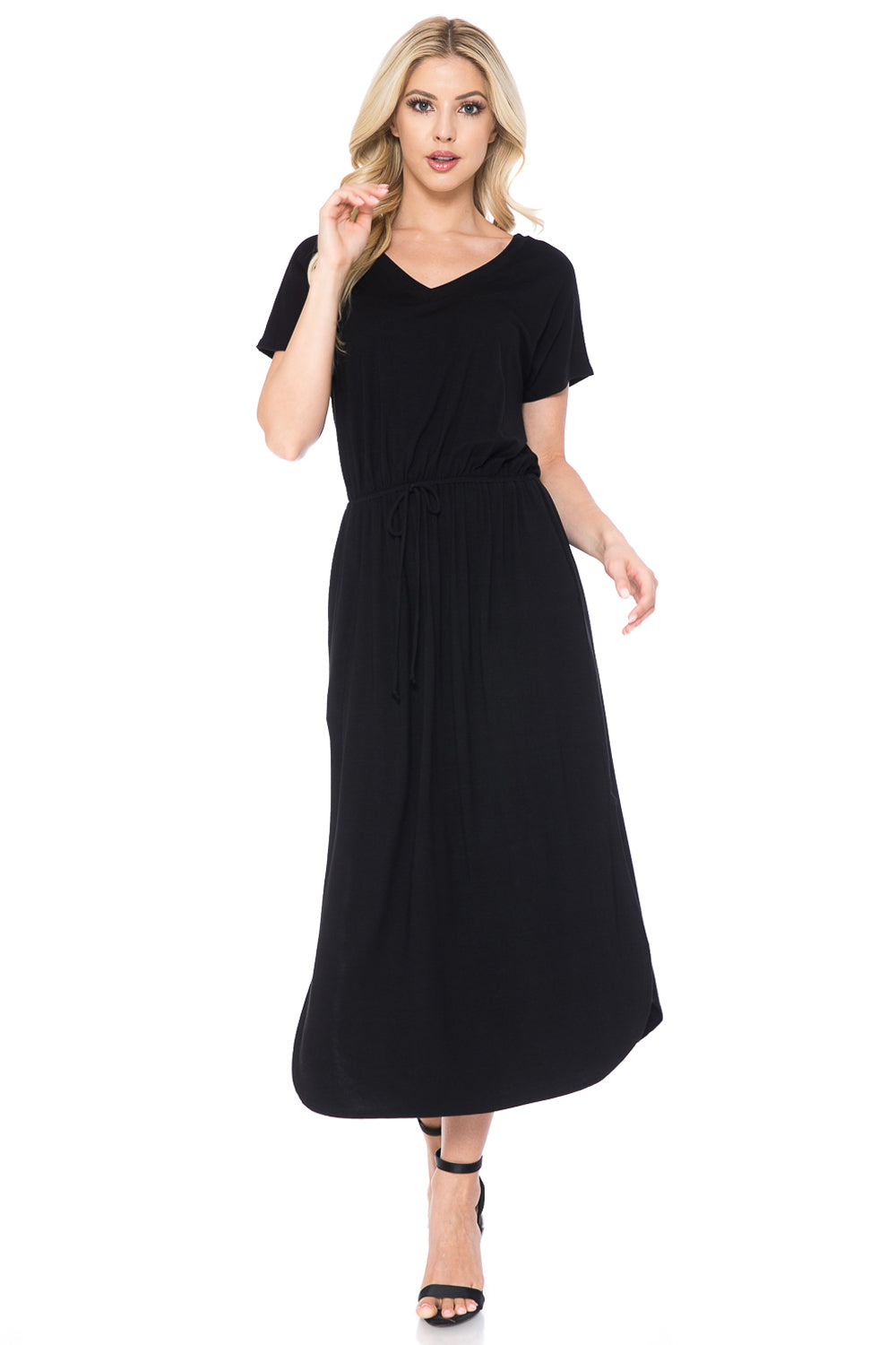 V-Neck Midi Dress with Side Slits and Pockets