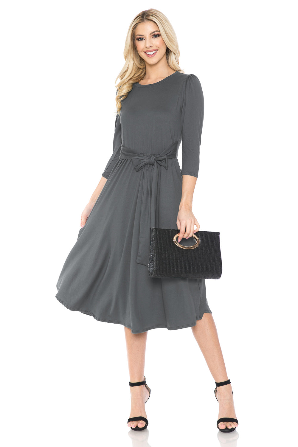 A-Line Midi Dress with Shirred Shoulder