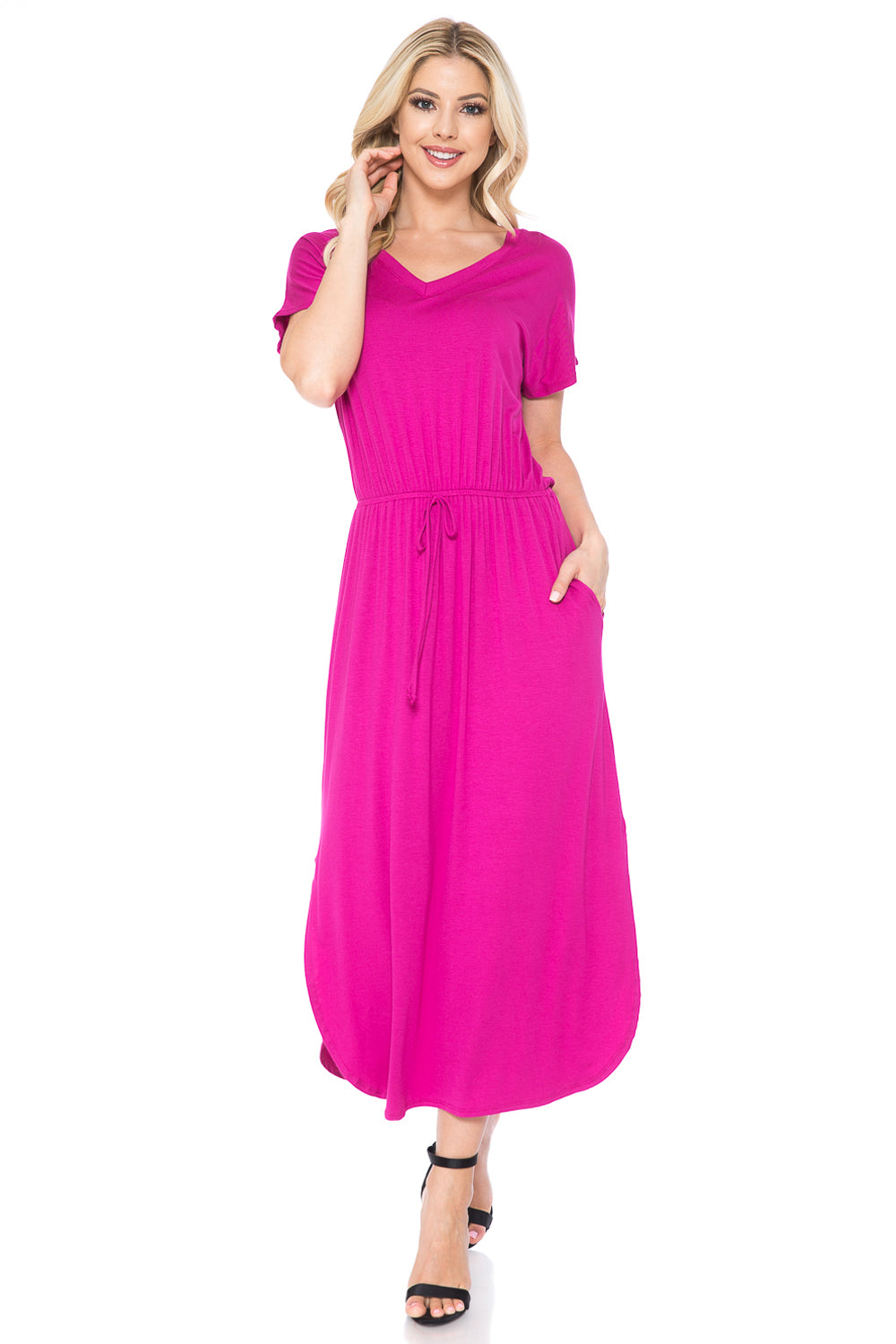 V-Neck Midi Dress with Side Slits and Pockets