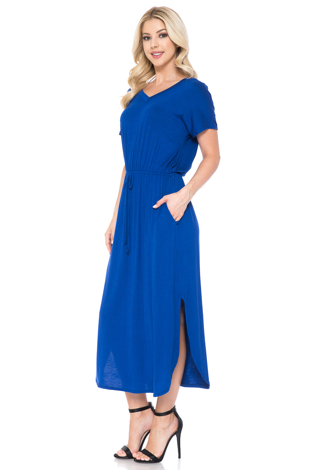 V-Neck Midi Dress with Side Slits and Pockets