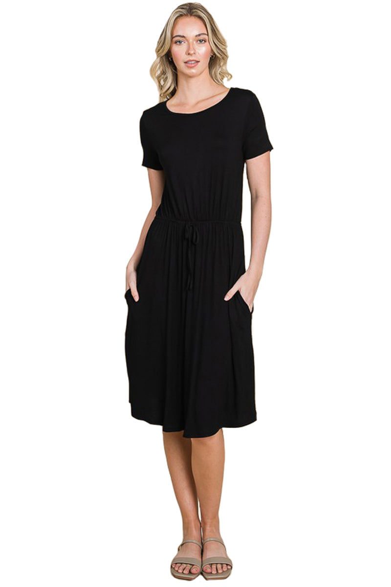 Short Sleeve Drawstring Midi Dress