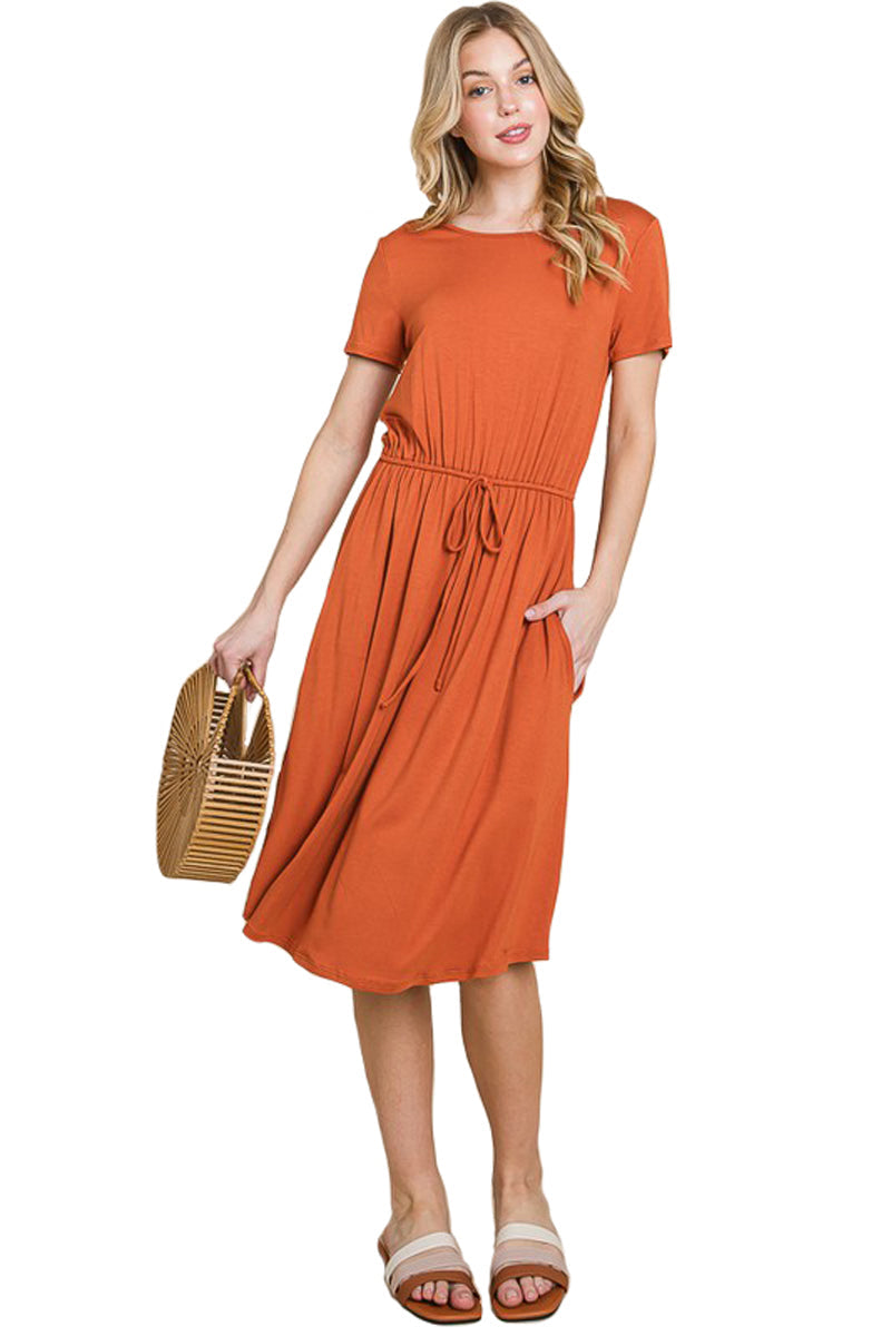 Short Sleeve Drawstring Midi Dress