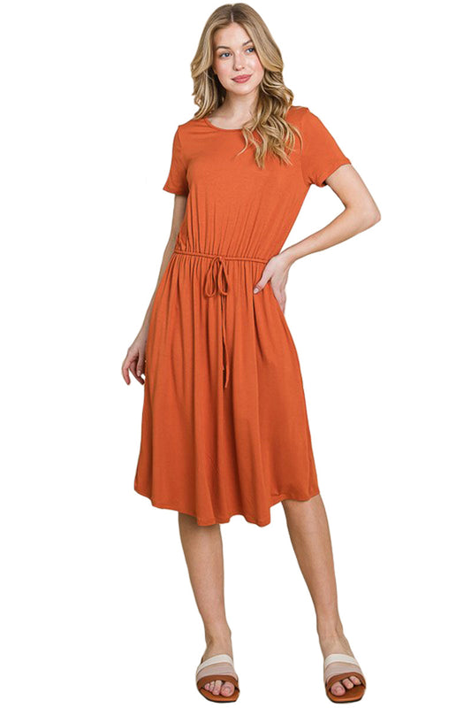 Short Sleeve Drawstring Midi Dress