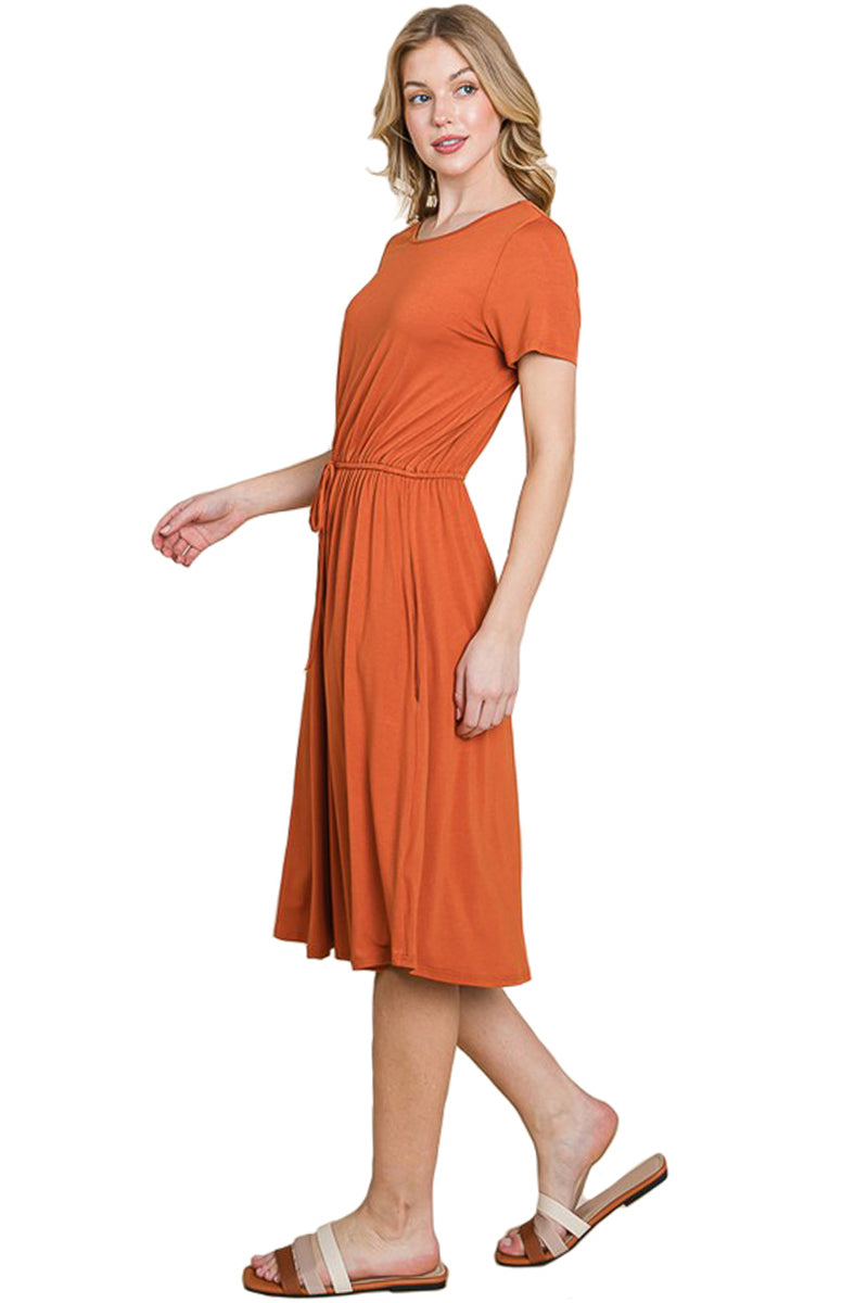 Short Sleeve Drawstring Midi Dress