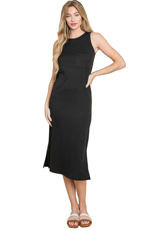 Sleeveless Rib Knit Dress with Patched Pocket