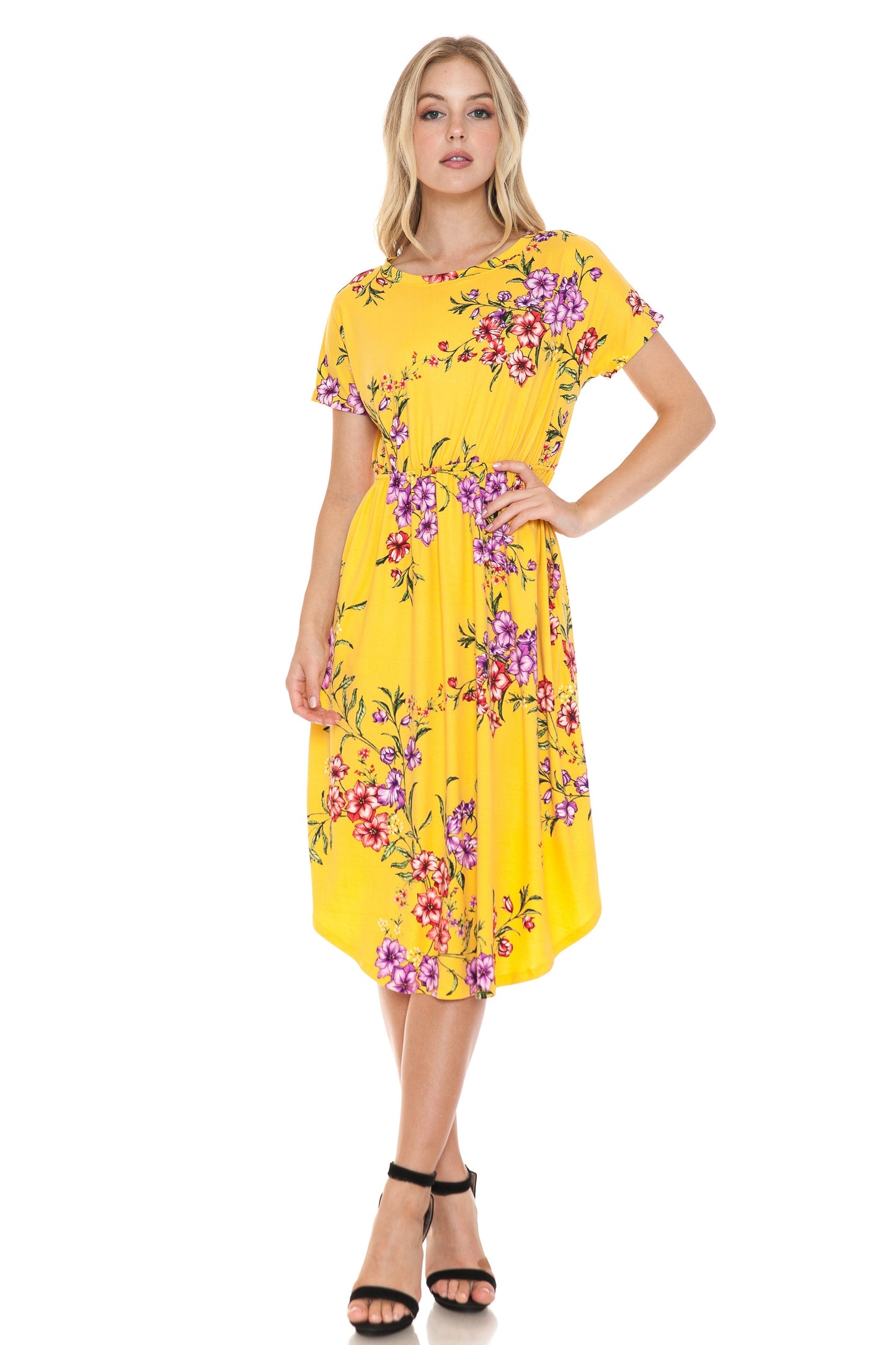 Short Sleeve Flare Midi Dress with Pockets Floral