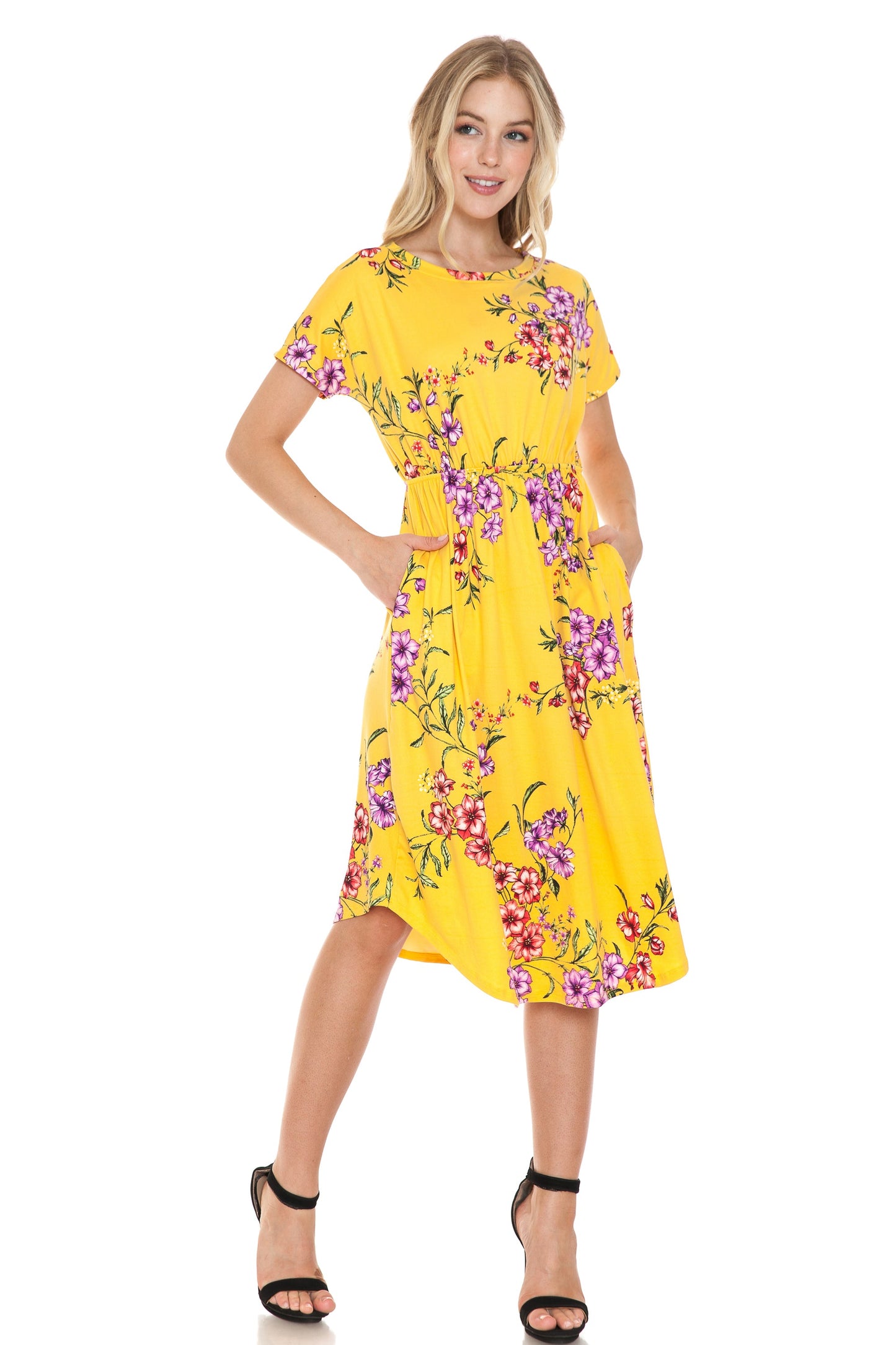 Short Sleeve Flare Midi Dress with Pockets Floral