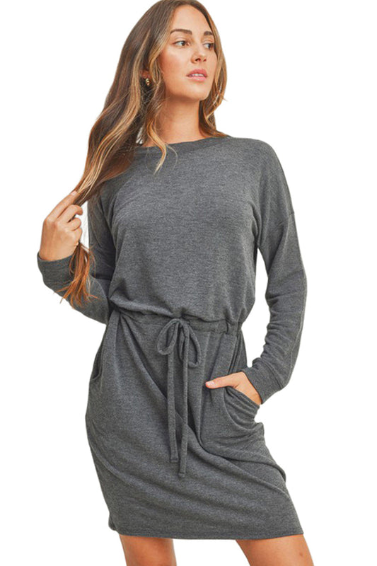 French Terry Long Sleeve Dress with Drawstring