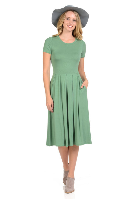 Short Sleeve Pleated Midi Dress with Pockets