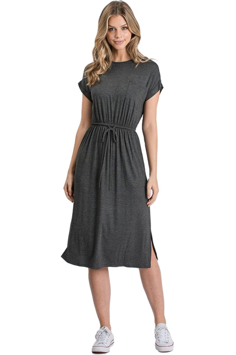 Short Sleeve Midi Dress with Drawstring Dress