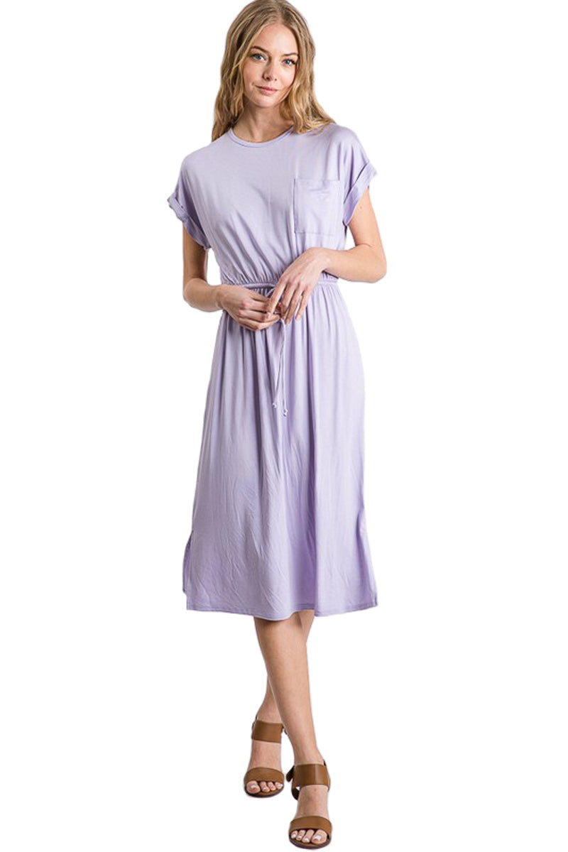 Short Sleeve Midi Dress with Drawstring Dress