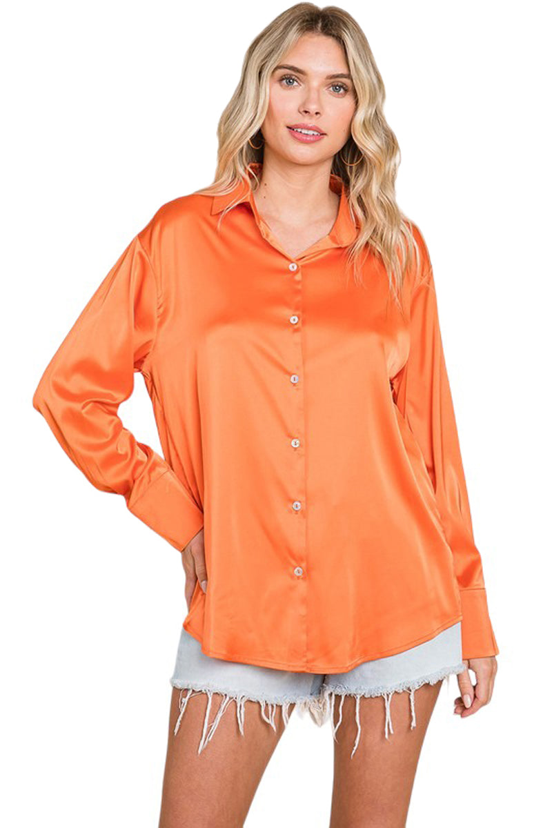 Collared Satin Button Down Blouse Shirt